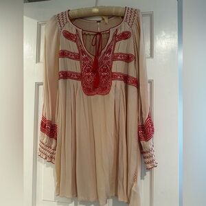 Free People Cream and Red Embroidered Top